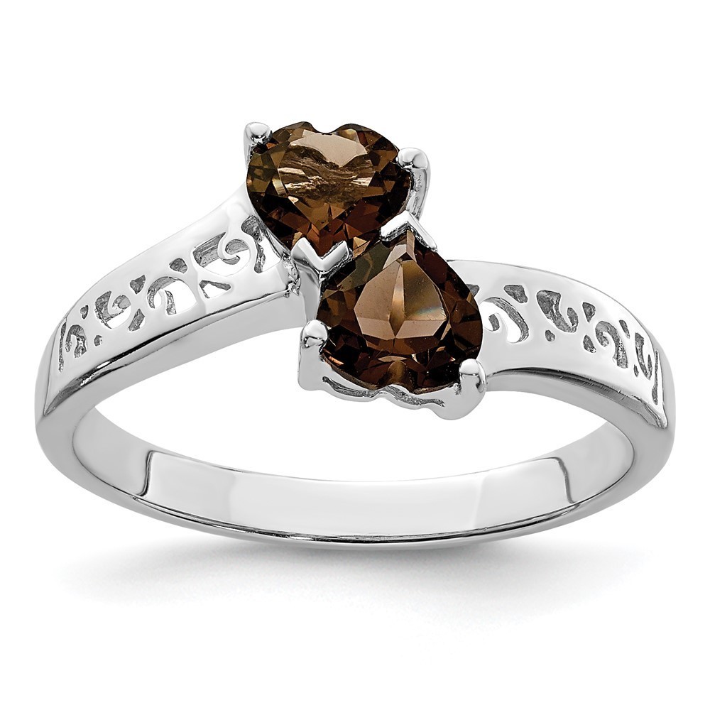 925 Sterling Silver Rhodium Plated Two Heart Shaped Smoky Quartz Ring